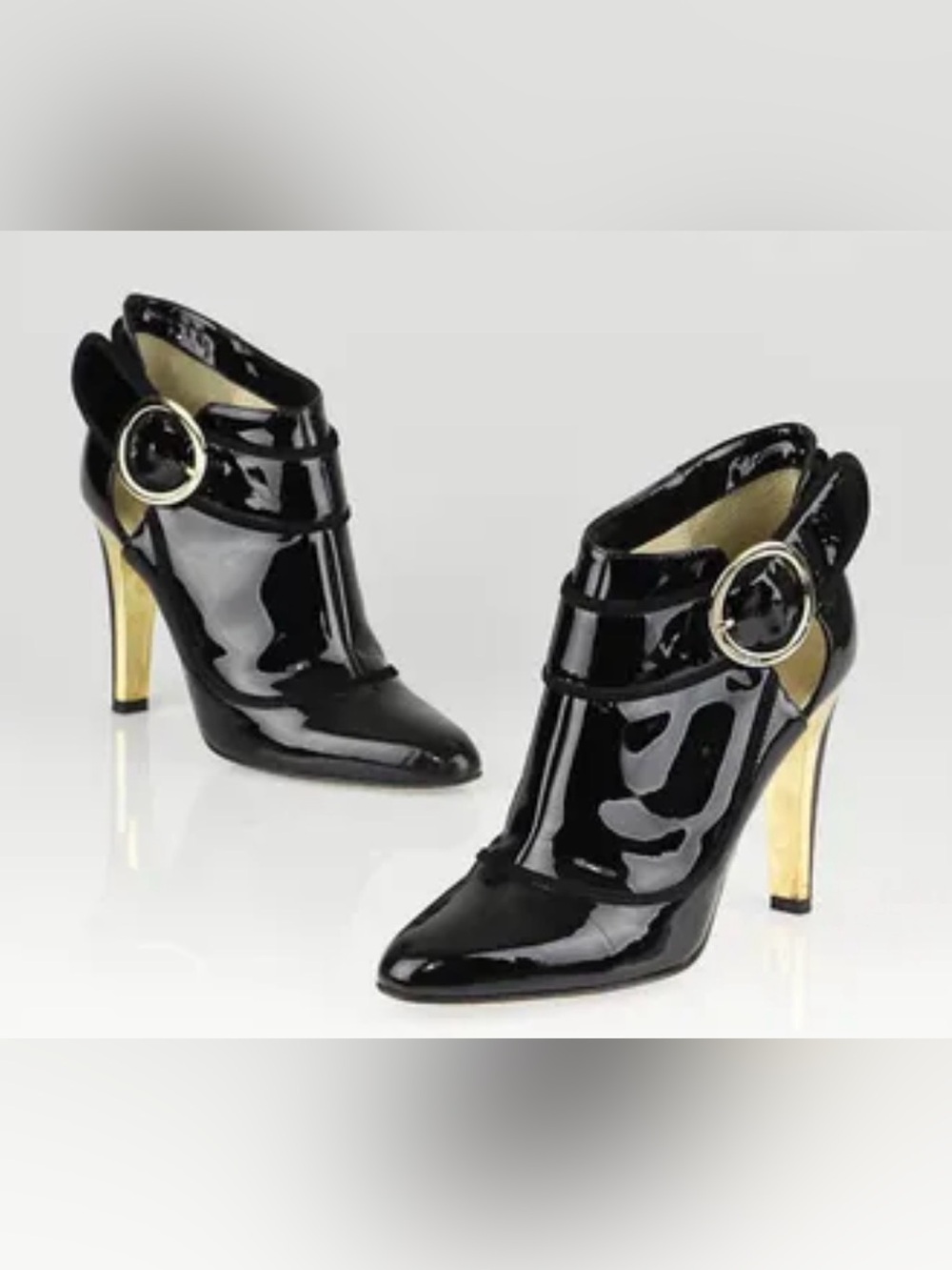 Jimmy Choo Black Patent Leather Ankle Booties with Gold Heel